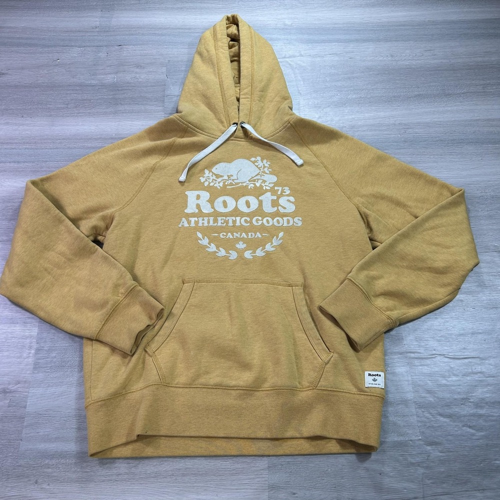 Roots Hoodie Mens Medium Yellow Athletic Goods Canada Logo Sweatshirt Pullover‎